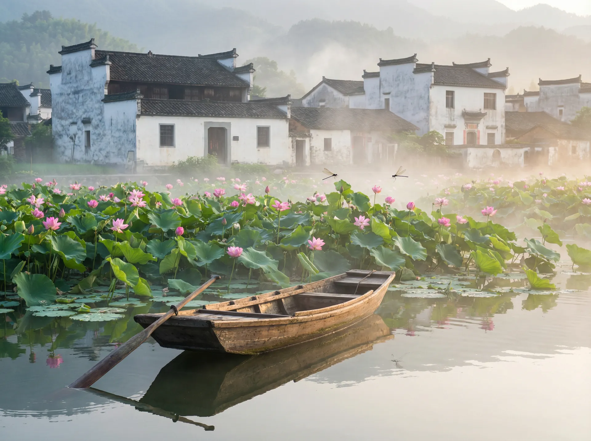 清晨荷塘小舟，粉色荷花盛开，白墙黑瓦的村庄 - 无丝袜 水乡风情